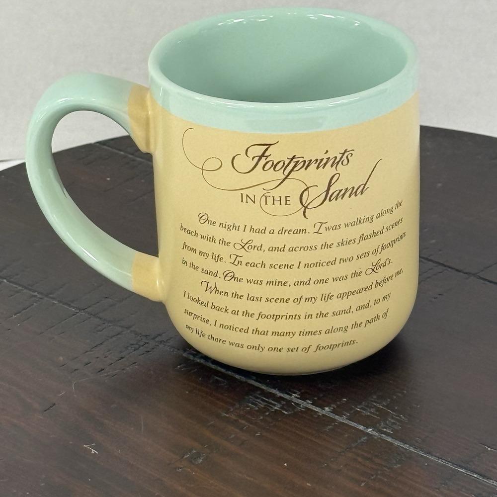 Abbey Press Footprints in the Sand Poem Tan Blue Rim Coffee Mug‎ 16oz 12 Step